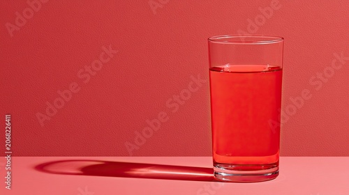 Clear glass filled with bright red liquid on a pink surface, casting a shadow