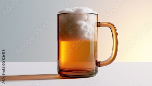 A clear amber beverage with foamy head fills a glass mug, casting a shadow