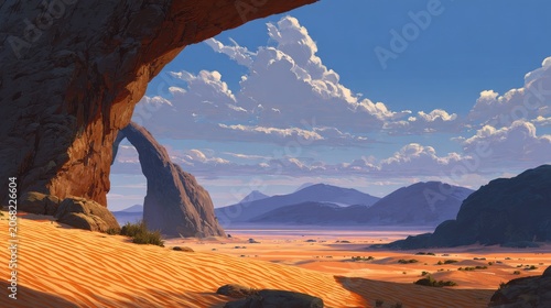 Vast desert landscape bathed in golden sunlight, with sandstone formations and distant mountains
