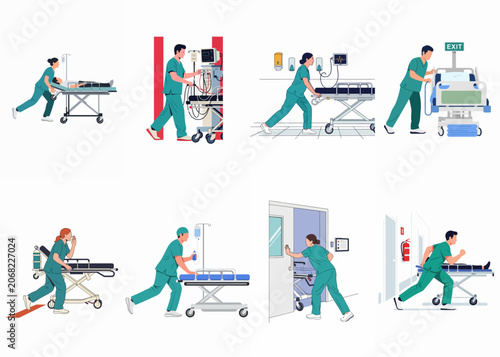 Konstfotografi Flat Vector Illustrations of Medical Staff Pushing Gurneys and Hospital Beds for