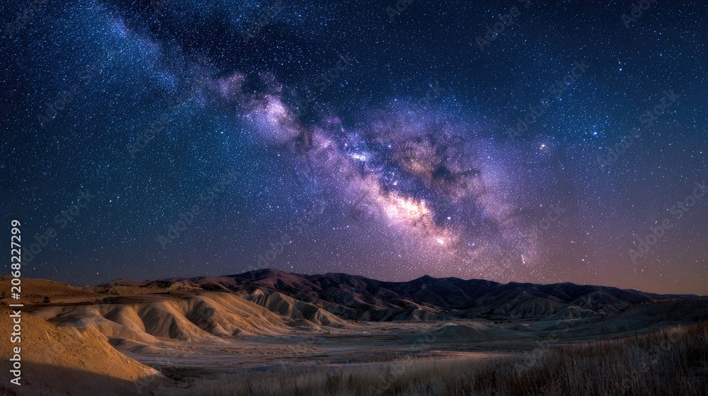 Obraz premium Vibrant Milky Way galaxy stretches across a starlit sky over rugged desert terrain