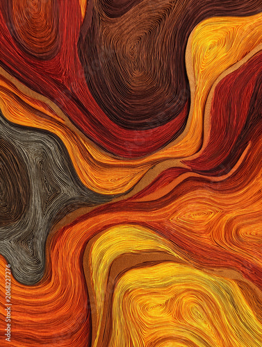 Abstract pattern made of continuous flowing lines in warm tones of orange, yellow, red, and brown creating dynamic textured design