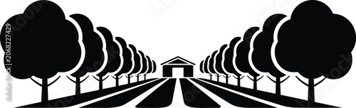 Farm lane with rows of trees leading to a house or barn in black and white and garden path and tree line in outline style