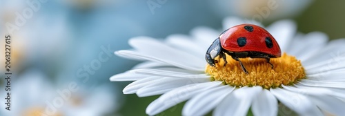 Tiny red ladybug with black spots rests on a white daisy's yellow center