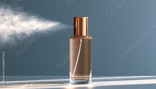 Elegant glass bottle with metallic cap sprays fine mist against muted background