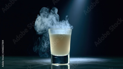 A creamy beverage in a shot glass with swirling white vapor under spotlight