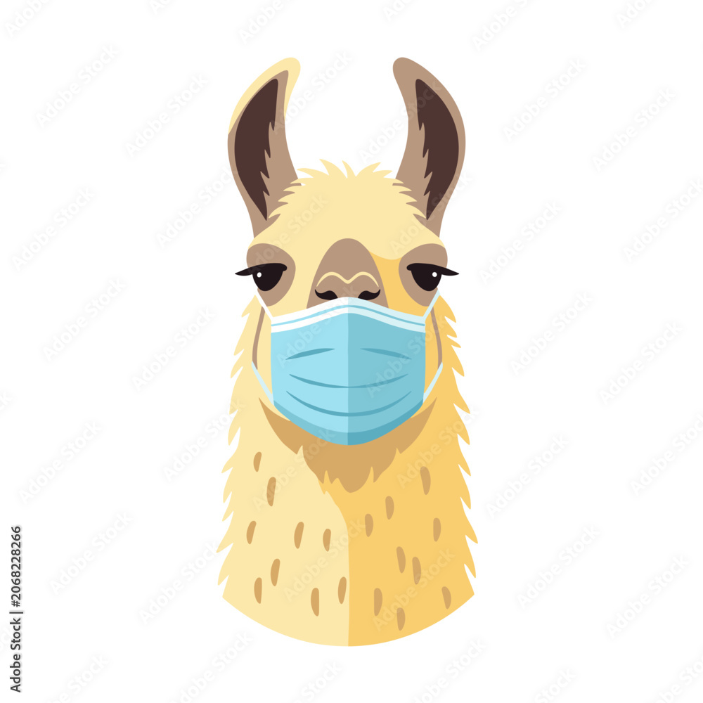 Fototapeta premium Responsible Lama Character Wearing a Blue Face Mask