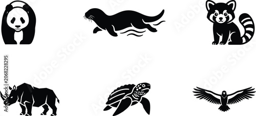 Fotografie Black silhouettes of various endangered animals on white background