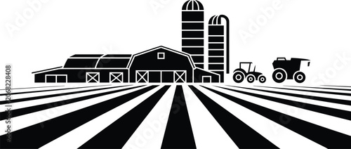 Farm scene with barn, silos, and tractor in black and white silhouette and land, country and working technology