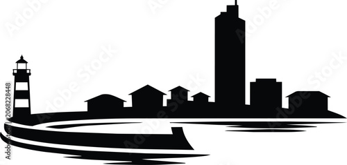 Lighthouse and modern city skyline silhouette with a curving shoreline and reflections on the water and reflection