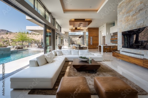 Modern living room with expansive sliding doors and inviting outdoor pool