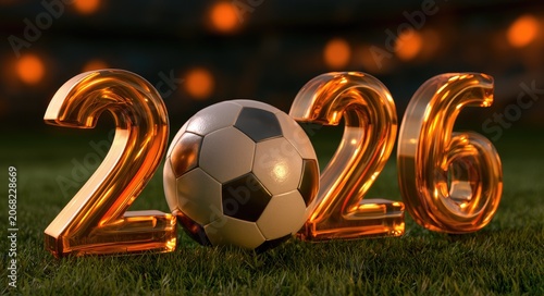 Shiny golden 2026 numbers with a soccer ball replacing the zero