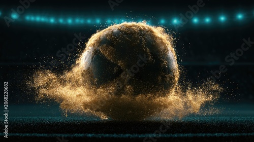 Dark sphere exploding into golden particles on stadium field