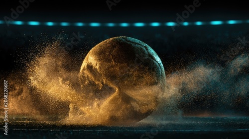 Golden sphere disintegrating into glowing dust amidst darkness
