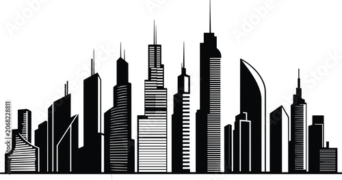 Modern city skyline with tall skyscrapers and diverse architecture silhouetted and high rise, business district, and black and white