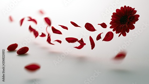 Delicate red flower petals swirl and float against a soft, pale background