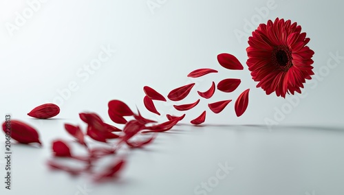 Red flower petals break away and drift from bloom in a gentle stream