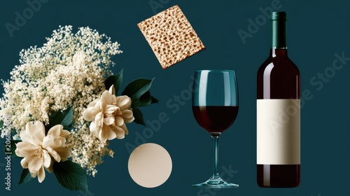 A still life composition of wine, matzah, and flowers on a dark background
