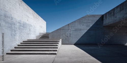Modern minimalist concrete staircase against a clear blue sky
