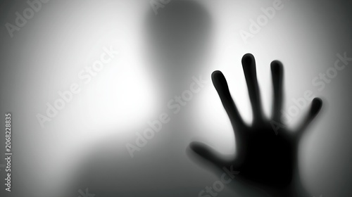 Silhouette of a person's hand pressing against a frosted glass surface