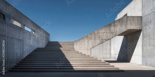 Geometric concrete structure with wide stairs leading upwards against blue sky