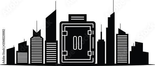 Modern cityscape silhouette with a large central digital display screen, vector art and tall buildings, city view, and metro area