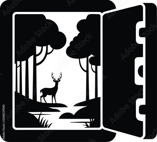 Open safe with a forest scene and deer inside, digital art and silhouette, outdoor
