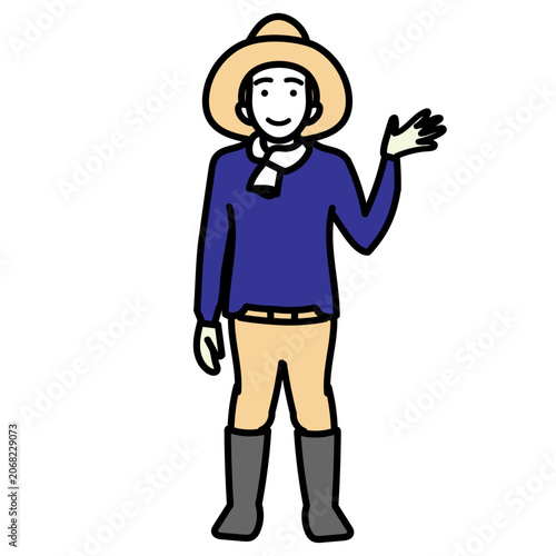 麦わら帽子と長靴を身につけた農家の男性が笑顔で手を振って挨拶するイラスト｜農業の案内や家庭菜園の紹介に最適な人物ベクター素材