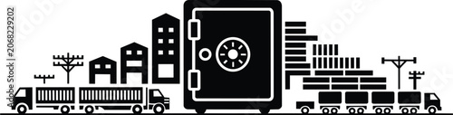 Safe with stacks of coins, trucks and buildings graphic illustration and vault, security, and money