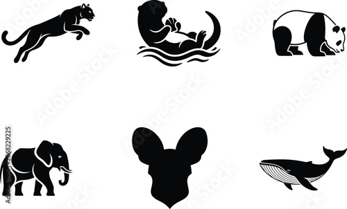 Silhouette of various wild animals on white background