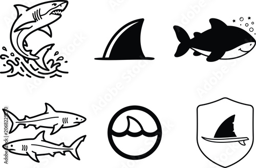 Shark icons and logos with various designs and symbols