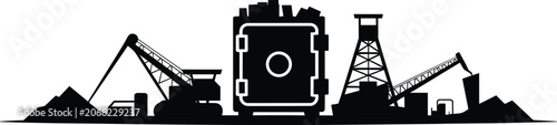 Silhouette of an industrial complex with a central safe, surrounded by mining equipment and derricks and heavy industry
