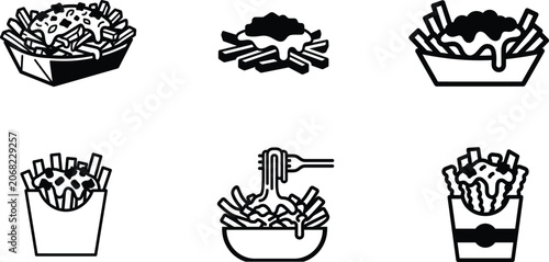 Six black and white illustrations of French fries in paper containers with various toppings