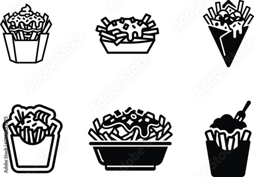 Six black and white line drawing illustrations of French fries in containers