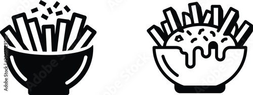 Two bowls of french fries one filled with cheese sauce on transparent background