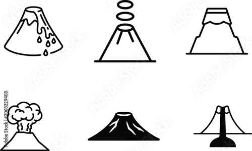 volcano icons in various styles and states of eruption