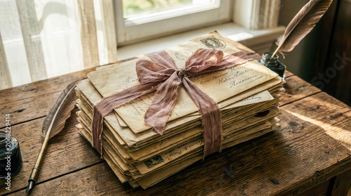 Sunlit desk holds a stack of aged, tied papers. Feathers and inkwell rest beside the stack. Warm light glows through a window. Vintage papers suggest quiet, thoughtful work