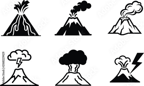 Volcano icons with different eruption styles and lightning  volcanic activity symbols