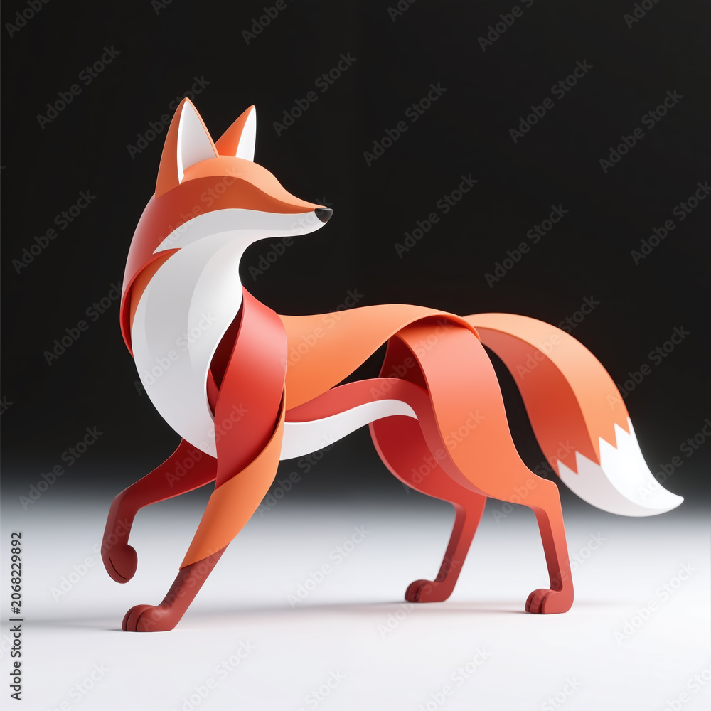 Naklejka premium A stylized fox with layered, curved body parts in shades of orange and white, set against a black-to-white gradient background, symbolizing adaptability and cunning.