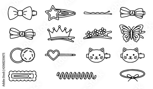 Bild auf Leinwand Hair clip vector icon set with simple bold line art girl hair accessories bow ba