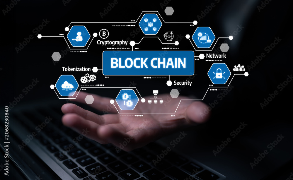 Fototapeta premium Visualize blockchain technology with digital icons displayed over an outstretched hand, emphasizing security, network, and tokenization features for innovative solutions. Tessel