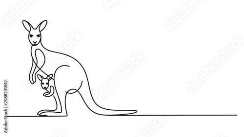 Canvastavla Continuous single line drawing of a mother kangaroo with a cute baby joey in its