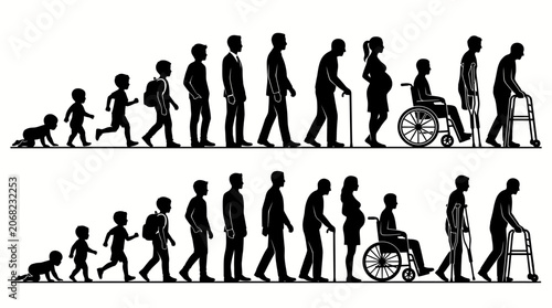 Human life cycle silhouette set representing aging stages and physical conditions.