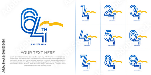 Anniversary logo type set with double line number. blue color with yellow long ribbon for celebration event