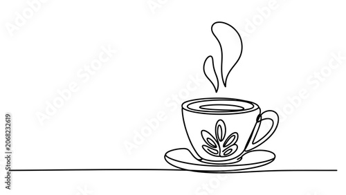 Tableau sur toile Continuous single line drawing of a steaming cup of coffee or tea with a leaf pa