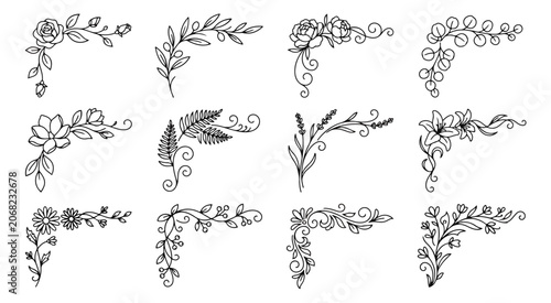 Foto Hand drawn floral corner borders, set of 12 botanical line art frames, elegant b