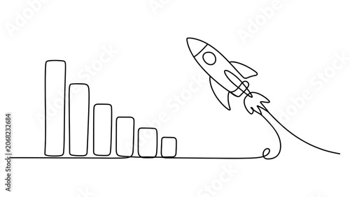 Tableau sur toile Continuous line drawing of a rocket flying over a declining bar chart representi