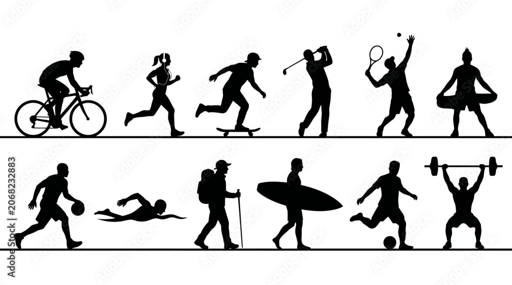 Obraz premium Set of black silhouettes of people practicing various sports.