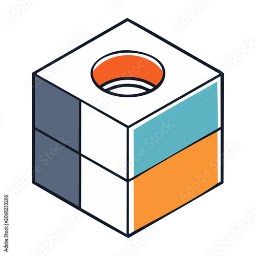 Isometric 3D Cube Icon with Circular Hole