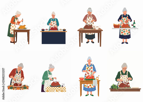 Set of illustrations featuring elderly women in floral aprons carving roast turkeys for holiday celebrations like Thanksgiving and Christmas dinner.